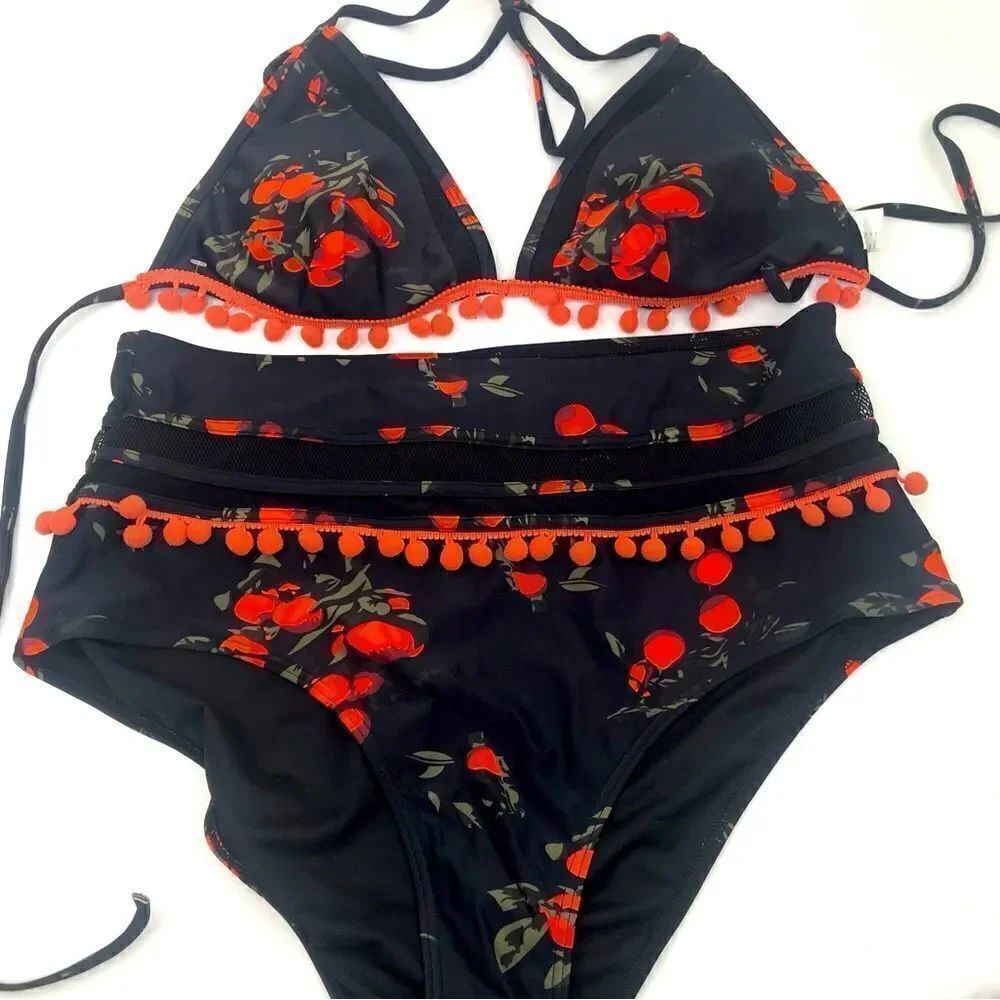 Cocoship Black Red Floral PomPom Trim High Waisted String Bikini